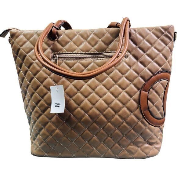 Fashion Designer Tan and Brown Quilted Large Tote Bag - Picture 5 of 11